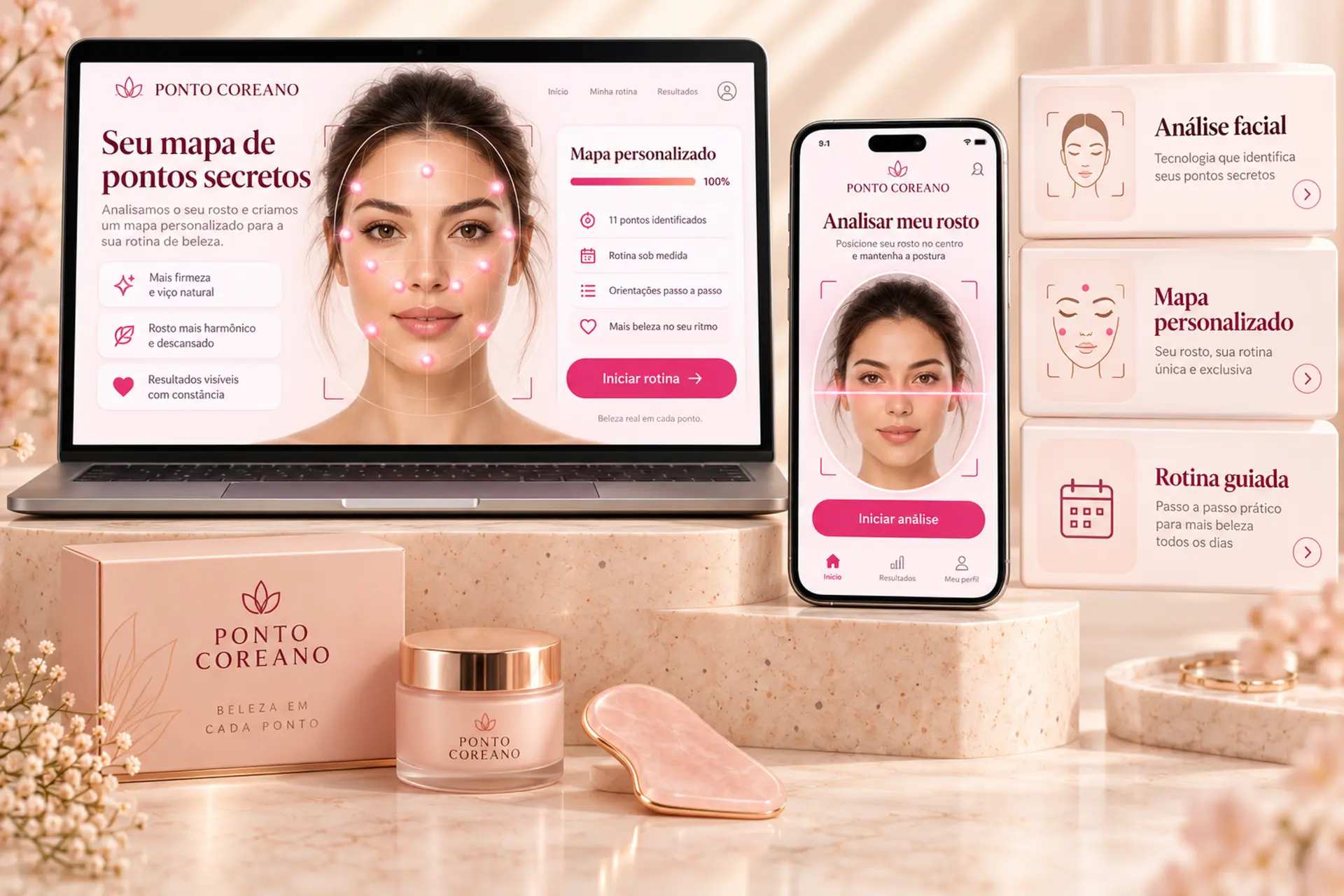 Aplicativo Ponto Coreano com análise facial, mapa personalizado e rotina guiada